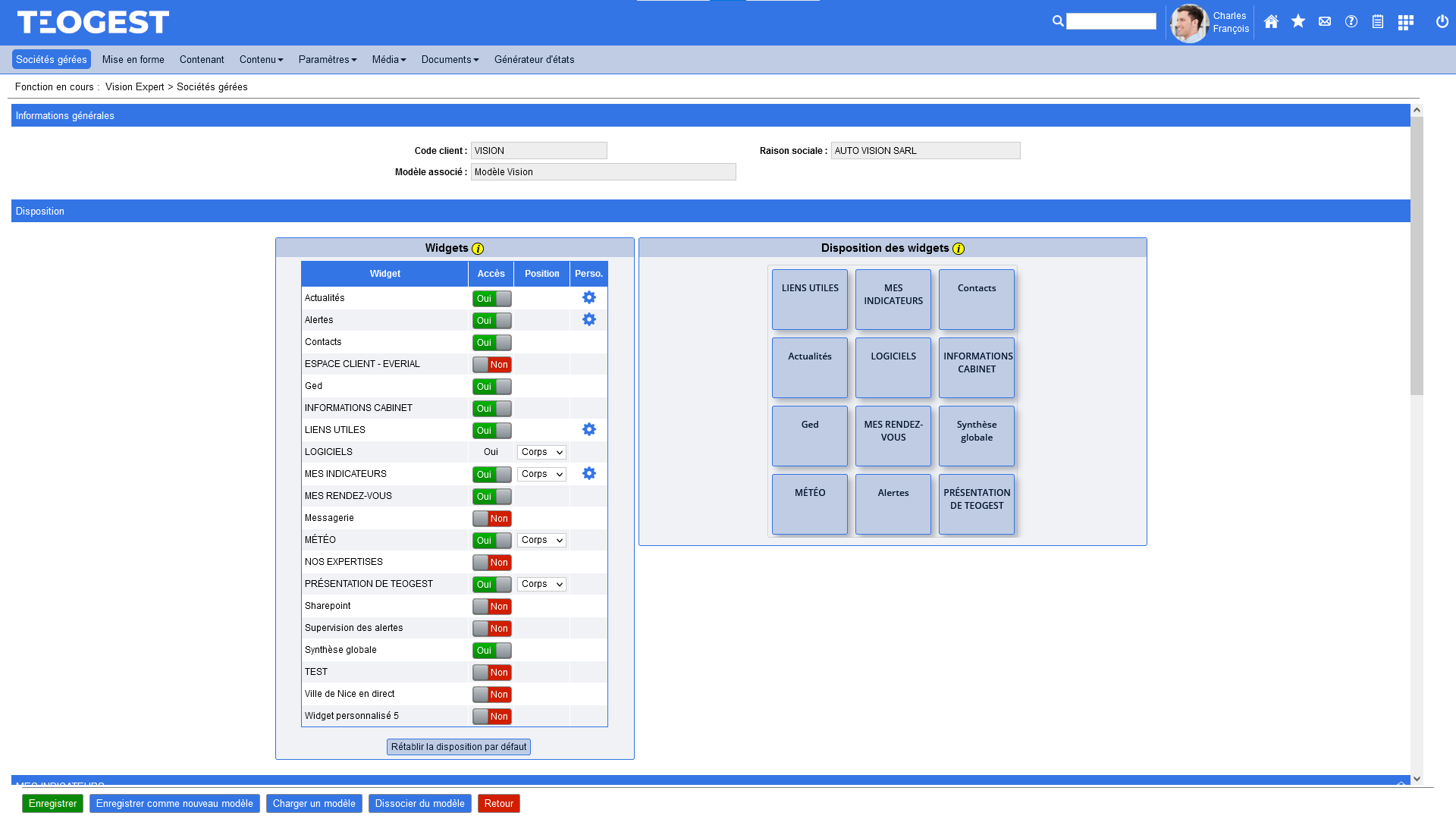 Selection des widgets et des indicateurs mis a la disposition des clients